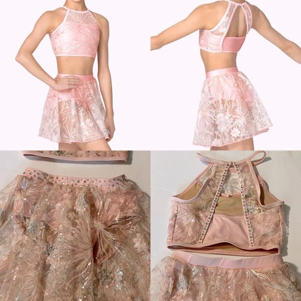 Competition Solo Costume lyrical dance costume leotard 2 piece pink set lace LC